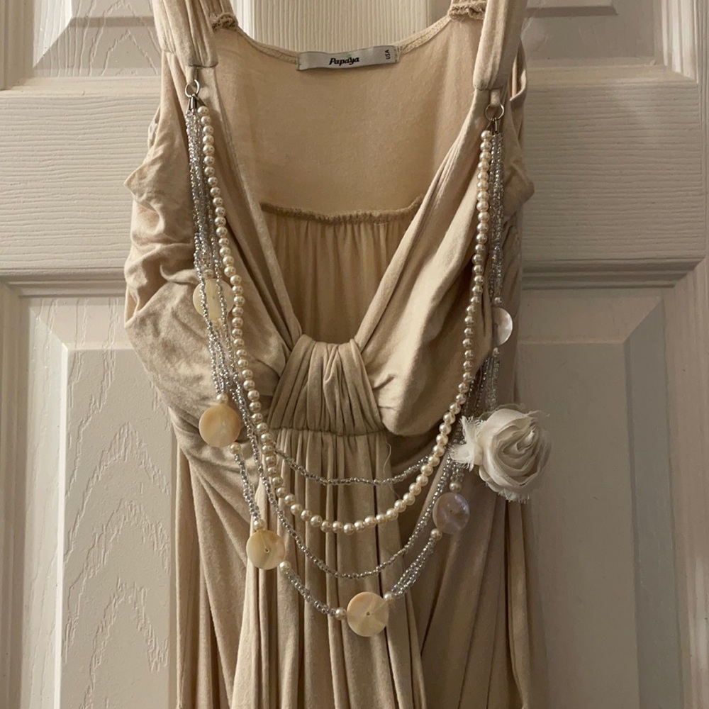 Papaya Tan Blouse with Pearl & Bead Necklaces